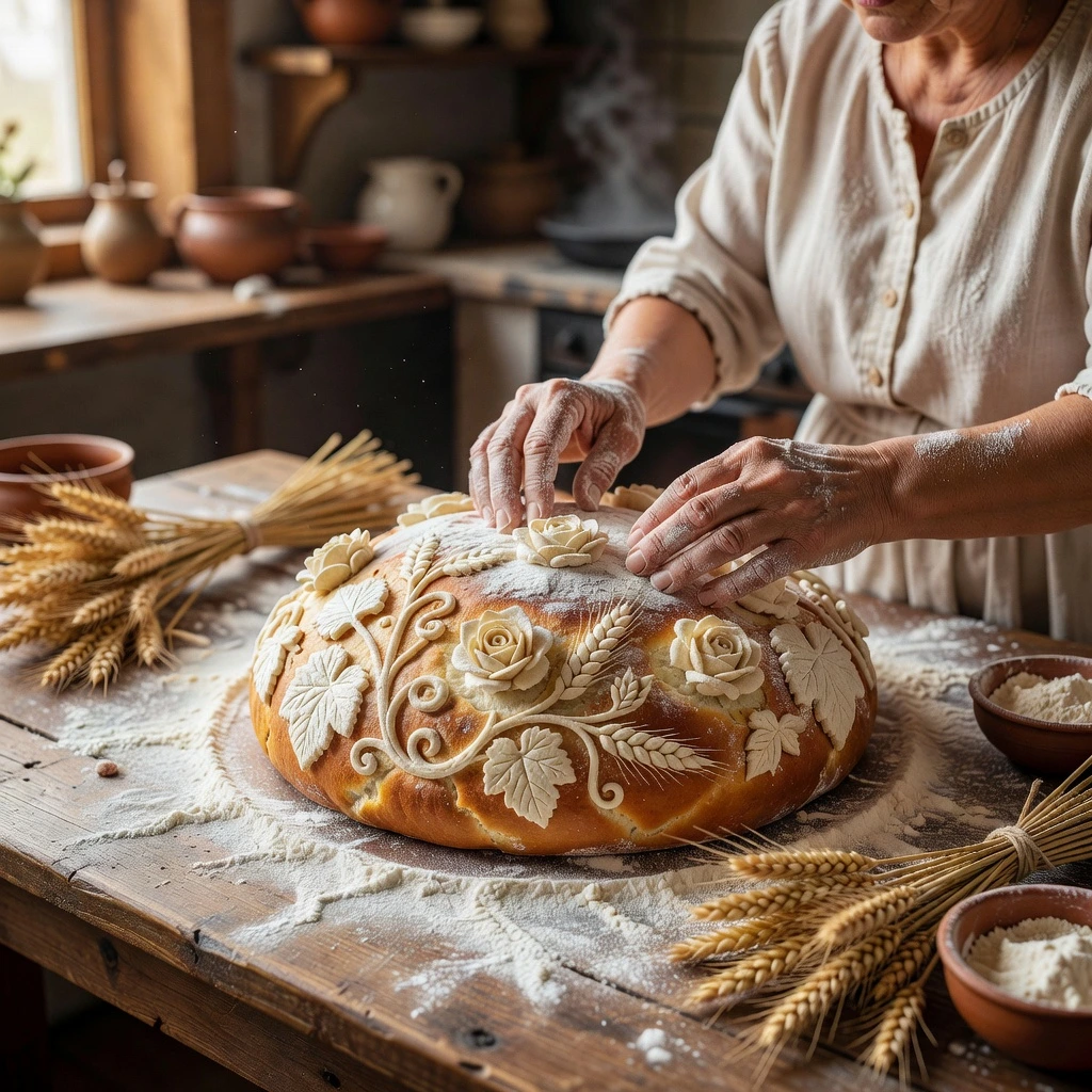 Korovai ukrainien décoré de motifs floraux et d'oiseaux en pâte levée