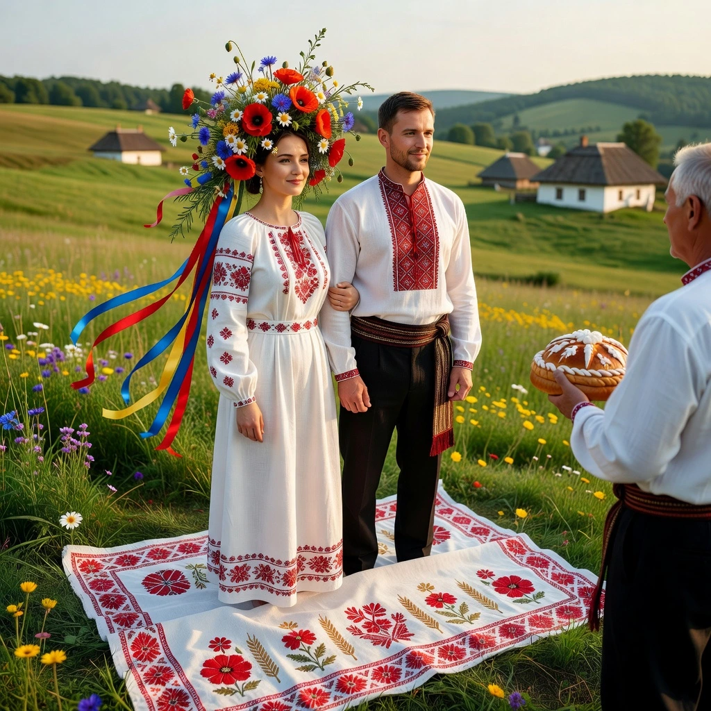 Mariés ukrainiens tenant un rushnyk brodé, la mariée portant un vinok de fleurs fraîches
