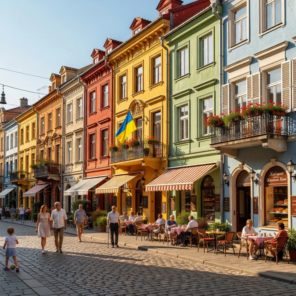 Rue pavée de Lviv avec des terrasses de café et des passants en journée ensoleillée