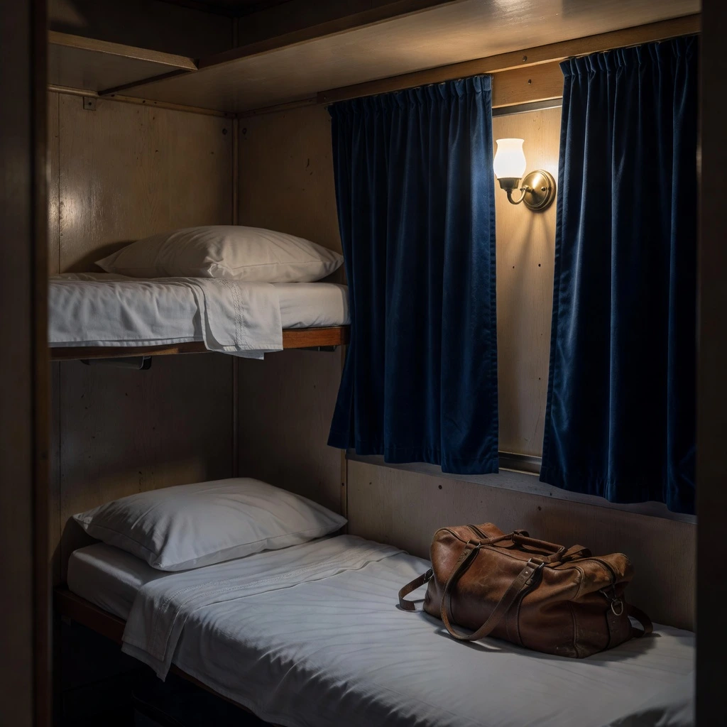 Intérieur d'un compartiment couchette de nuit en Ukraine, lumière tamisée et couvertures